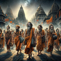 Indian monks in a religious city  - obrazy, fototapety, plakaty