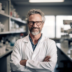 A mature pharmacist wearing a white lab coat and glasses, smiling with his arms crossed in a drug store with sorted and shelved pharmaceutical drugs behind him - obrazy, fototapety, plakaty