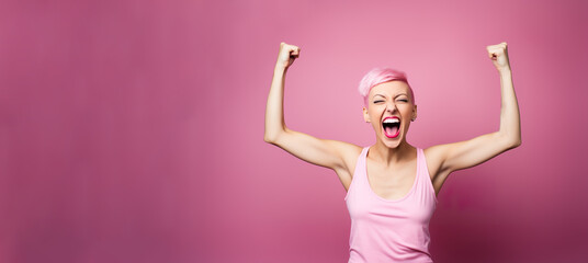 Young Woman with Raised Arms in Front of Pink Background. Generative AI