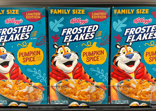 Oakland, CA - Jan 8, 2024: Limited edition Box of Frosted Flakes cereal, pumpkin spice flavor. Frosted Flakes or Frosties is a breakfast cereal, produced by the Kellogg Company