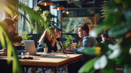 A modern co-working space bustling with professionals working on laptops surrounded by green indoor plants and natural light. AIG41