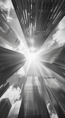 black and white photos of glass buildings, in the style of sunrays shine upon it - obrazy, fototapety, plakaty