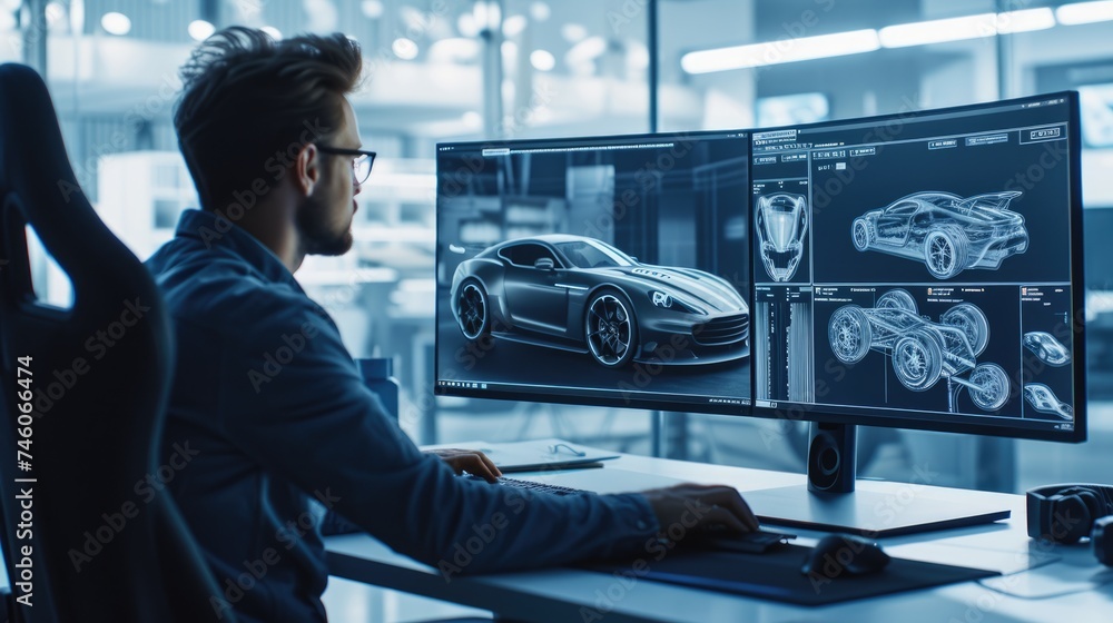 Poster a man sits at a desk with two computer monitors, using a personal computer and peripherals for engin