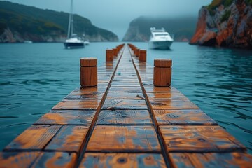 A serene aquatic landscape with a wooden pathway leading to boats amidst misty hills and calm waters