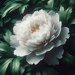 Tender Sophistication: White Peony Among Green Leaves. generative AI