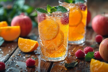 A sparkling fruit cocktail with fresh oranges and raspberries offers a tantalizing refreshment