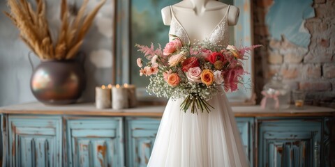 Elegant Wedding Dress and Bouquet