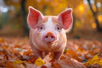 Adorable piglet caught on camera with a curious expression standing amidst vibrant autumn leaves, symbolizing innocence and nature