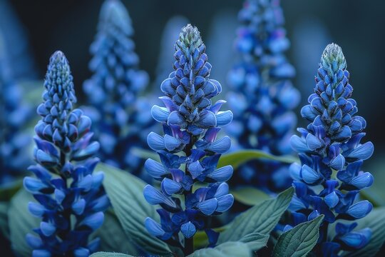 A macro photograph focusing on the intricate details of blue lupine flowers against a soft background