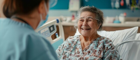 Obraz premium A senior woman's warm smile fills the hospital room as she chats with a caregiver, her spirit undiminished by her surroundings.