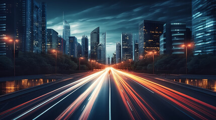 Fototapeta na wymiar Abstract long exposure dynamic speed light trails in urban environment