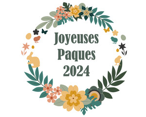 Couronne de fleur joyeuses pâques 2024 avec détail lapin, oeuf, et poule