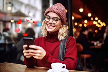 Smiling young woman enjoys online dating in smartphone application, surrounded by like hearts. Concept of modern romantic in cyberspace, virtual connection and online social interactions