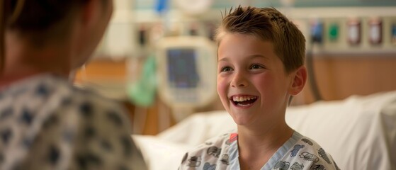 A boy's bright smile and lively conversation in a hospital bed highlight the enduring optimism that characterizes childhood. - obrazy, fototapety, plakaty