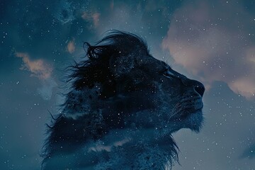 Obraz premium A lion's profile blended with the texture of a starry night sky in a double exposure 