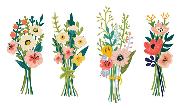 Spring set with festive floral bouquets. Hand drawn flat cartoon elements. Vector illustration