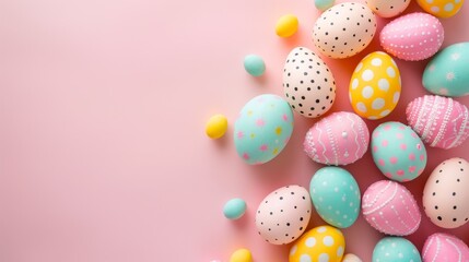 Fototapeta na wymiar Easter decoration colorful eggs on pink background with copy space. Beautiful colorful easter eggs. Happy Easter. Isolated.