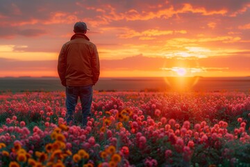 A solitary man stands amidst a vibrant field of flowers, gazing at a breathtaking sunset, evoking a sense of peace