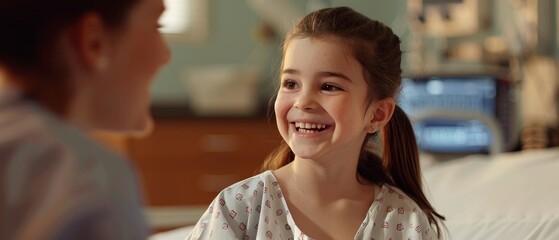 A young girl, wide-eyed and smiling, chats animatedly in a bright hospital ward, her joyful energy casting a warm glow. - obrazy, fototapety, plakaty