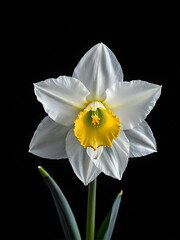 Naklejka na ściany i meble Delicate Simplicity: White Daffodil on Black Background. generative AI