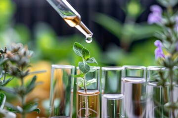 Herbal Plaint and Pipette Over Test Tube, Dropping Sample Chemical into Green Tubes, Biotechnology