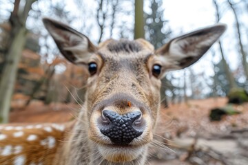 Fototapeta premium Deer Close up Portrait, Fun Animal Looking into Camera, Deer Nose, Wide Angle Lens