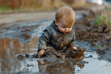 Funny Kid is Playing in a Muddy Puddle, Mud Splashes, Immune System Strengthening, Good Dirt