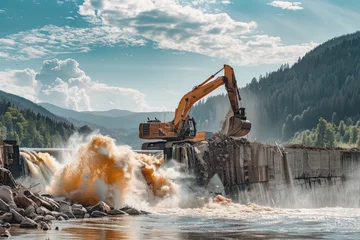 Fotobehang Dams Dismantling, Repair of Dam, Destroyed Dam on a River in Forest © artemstepanov