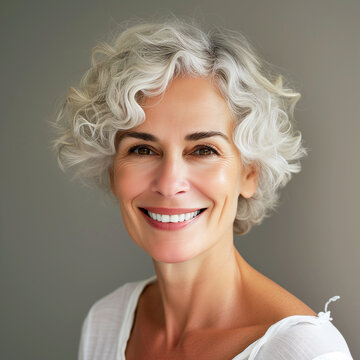 Portrait of a Caucasian Woman 60+ yrs old, senior women with gray hair smiling