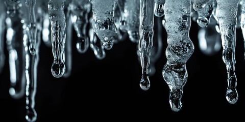 Dripping Icicles on Blue Background, Many Melting Icicles, Clean Water Falling Down from Icicles