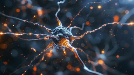 A neuron extends its axon to touch another, symbolizing learning, memory, amid a dark, blurred backdrop. - obrazy, fototapety, plakaty