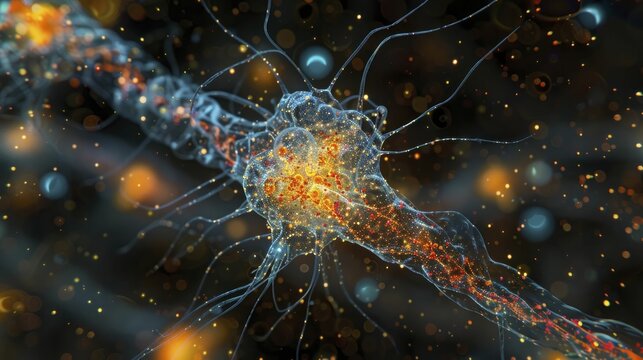 A close-up of dendrites and axons, contrasting with enigmatic neurological shadows in obscurity.