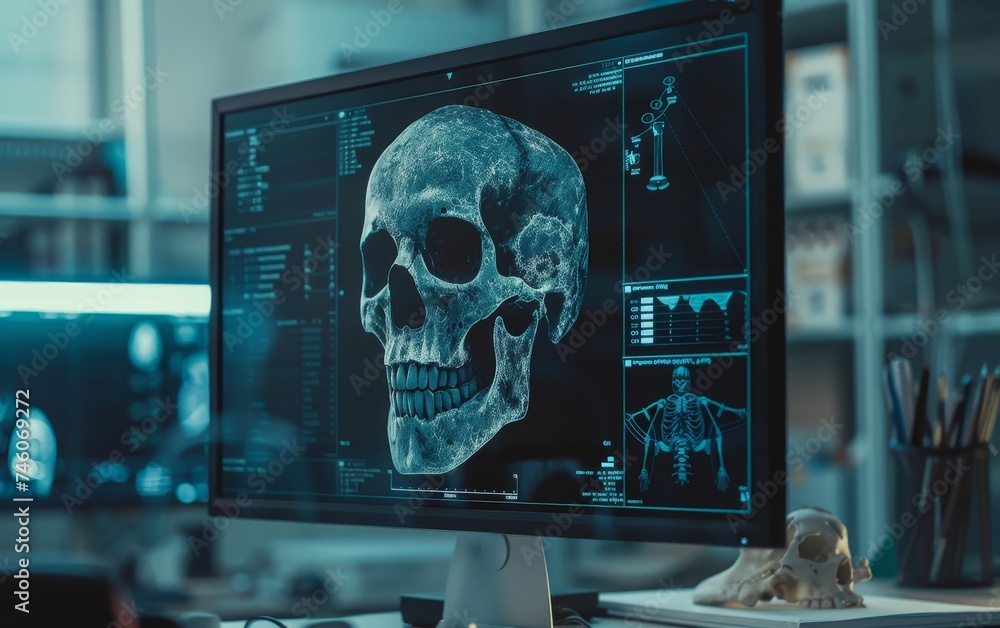 Fototapete a high-resolution 3d rendering of a human skull is displayed on a computer monitor. the screen shows
