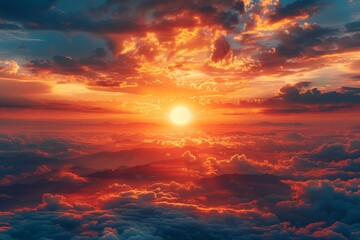 Fototapeta premium A magnificent cloudscape illuminated by a vibrant sunset, casting a glow over the undulating clouds