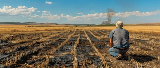 A figure observes the aftermath of a field fire, the contrast between burnt ground and the distant golden crops tells a story of loss and survival. - obrazy, fototapety, plakaty