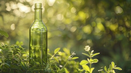 Clear green glass water bottle showcases sustainable business practices against a natural backdrop.