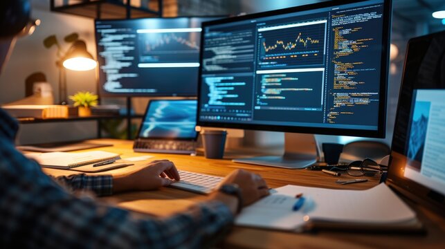 A focused software developer codes on a dual monitor setup in a modern office environment with a minimalist aesthetic. AIG41