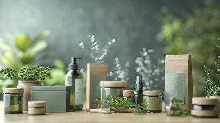 Minimalist green packaging design concept, showcasing eco-friendly materials against a softly blurred background of consumer products.