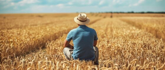 Naklejka na ściany i meble A lone figure sits peacefully in the embrace of a wheat field, his straw hat a quaint contrast to the endless amber grains. The serene tableau evokes timeless connection to the earth and its harvests.