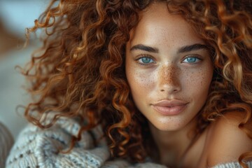 Close-up portrait of a young woman with striking green eyes and freckles offers a captivating and intense stare - obrazy, fototapety, plakaty