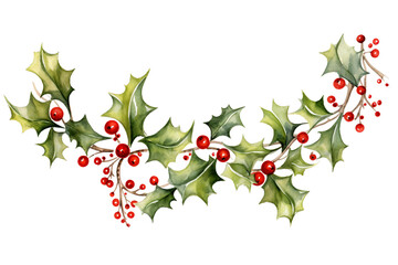 Holly garland with berries, festive Christmas design elements on transparent background