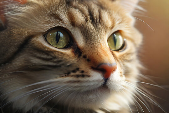 A close-up photo of a domestic cat with sharp green eyes and detailed fur patterns highlighting nature's artistry in animals