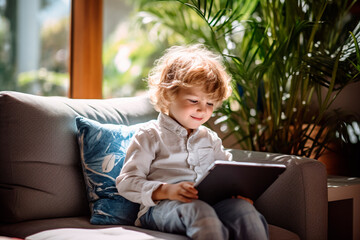 Little kid on the sofa playing with a tablet