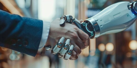 handshake between human and artificial intelligence Generative AI - obrazy, fototapety, plakaty