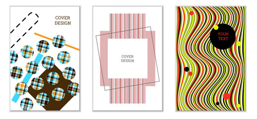 Geometric cover design, set of 3 covers. Abstract unusual background in Memphis style. Bright geometric shapes in random order