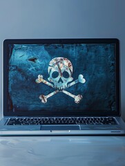 A skull and crossbones icon displays prominently on a laptop screen, signaling a serious cybersecurity threat.