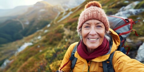 elderly traveler selfie in the mountains Generative AI - obrazy, fototapety, plakaty