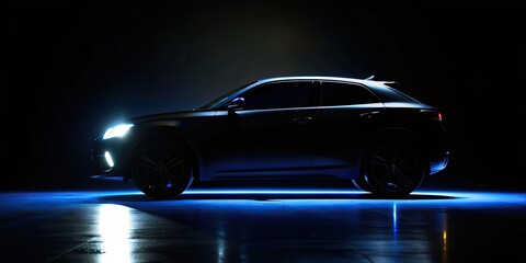 Car silhouette with blue lights on black background - obrazy, fototapety, plakaty