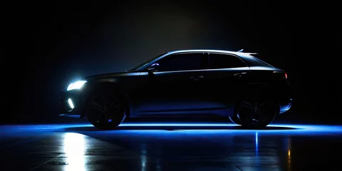 Fotobehang Car silhouette with blue lights on black background © master2d