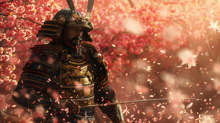 a legendary samurai warrior clad in samurai armor, standing stoically amidst a field of cherry blossoms, his katana drawn and ready as he prepares to defend honor and tradition against all odds